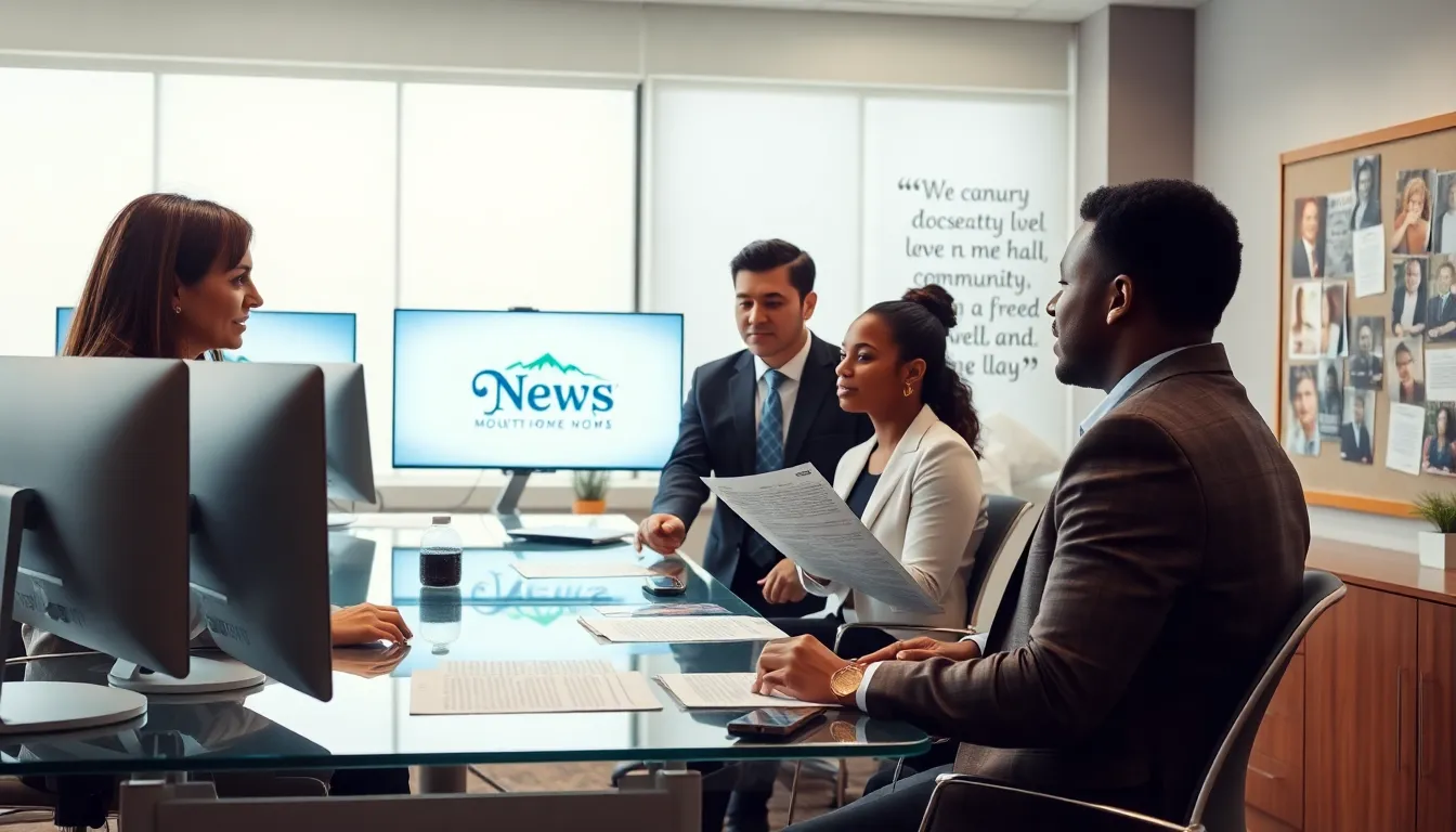 newspaper team working on obituaries in a modern newsroom.