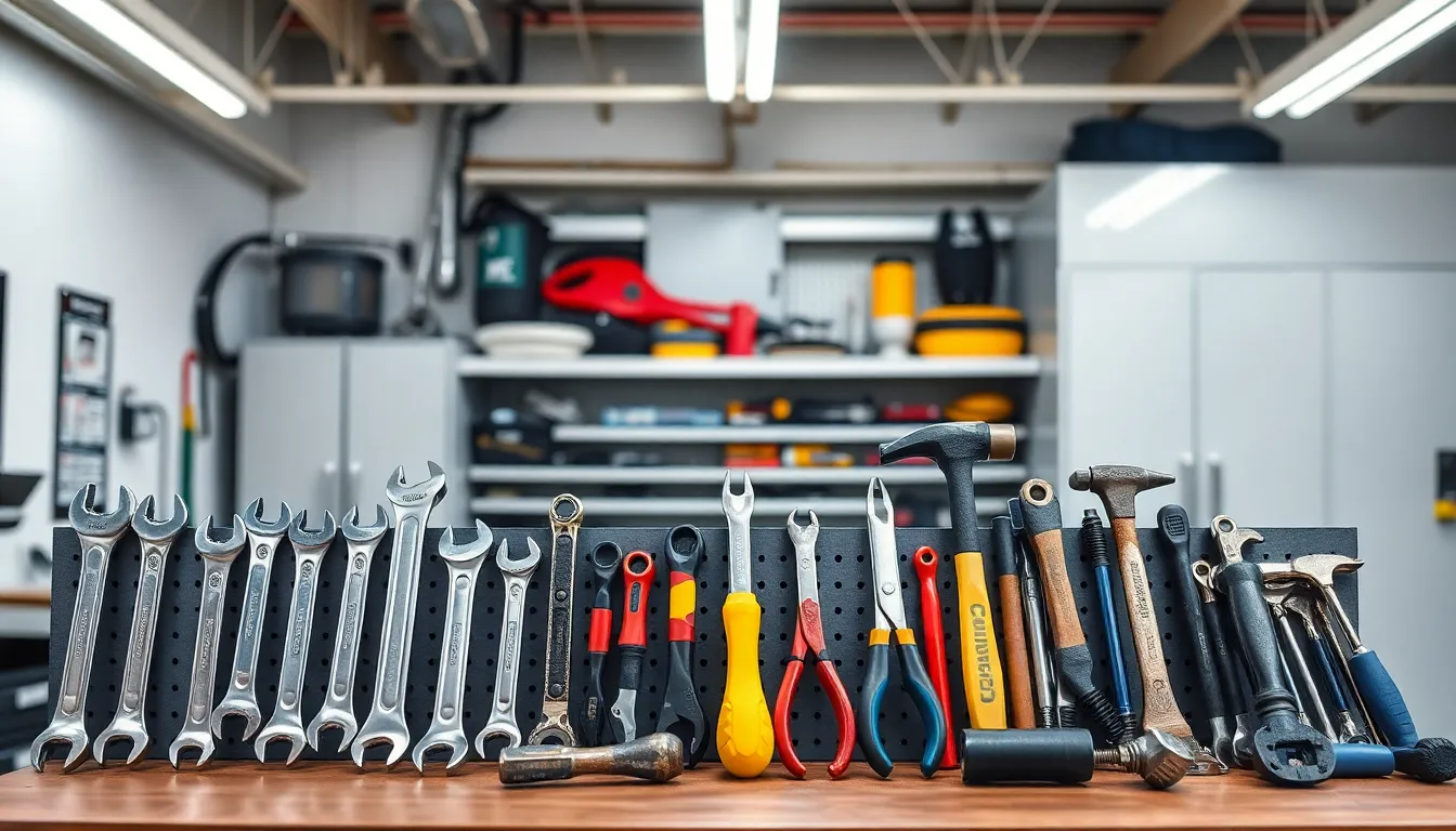 organized hand tools in a professional automobile workshop.