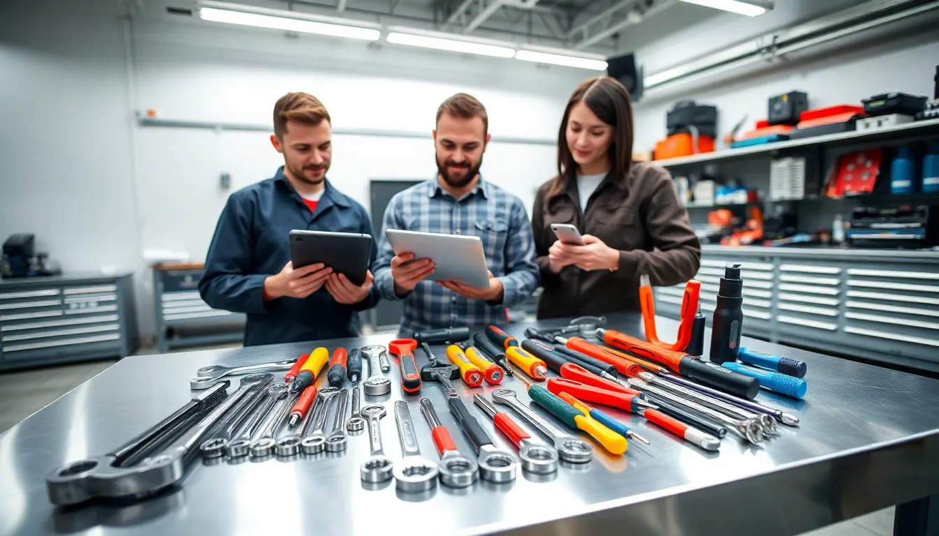 mechanics reviewing automotive tools in a modern workshop.