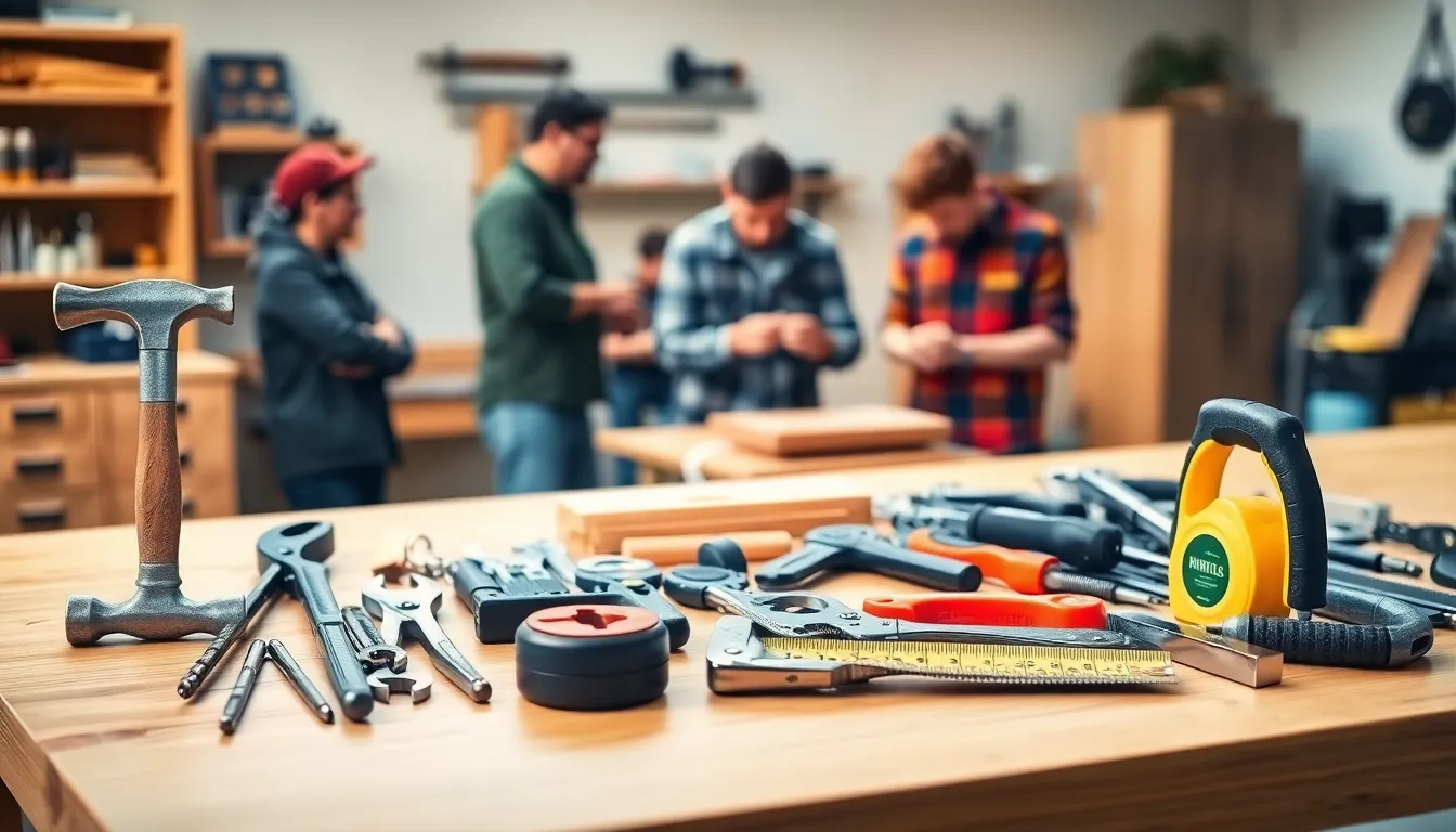 essential hand tools arranged on a tidy workshop bench.
