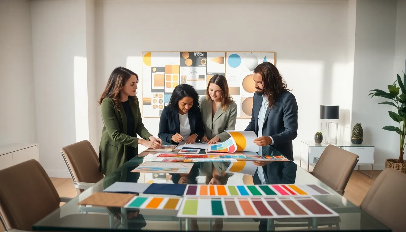 diverse design team collaborating on decor concepts in a modern studio.