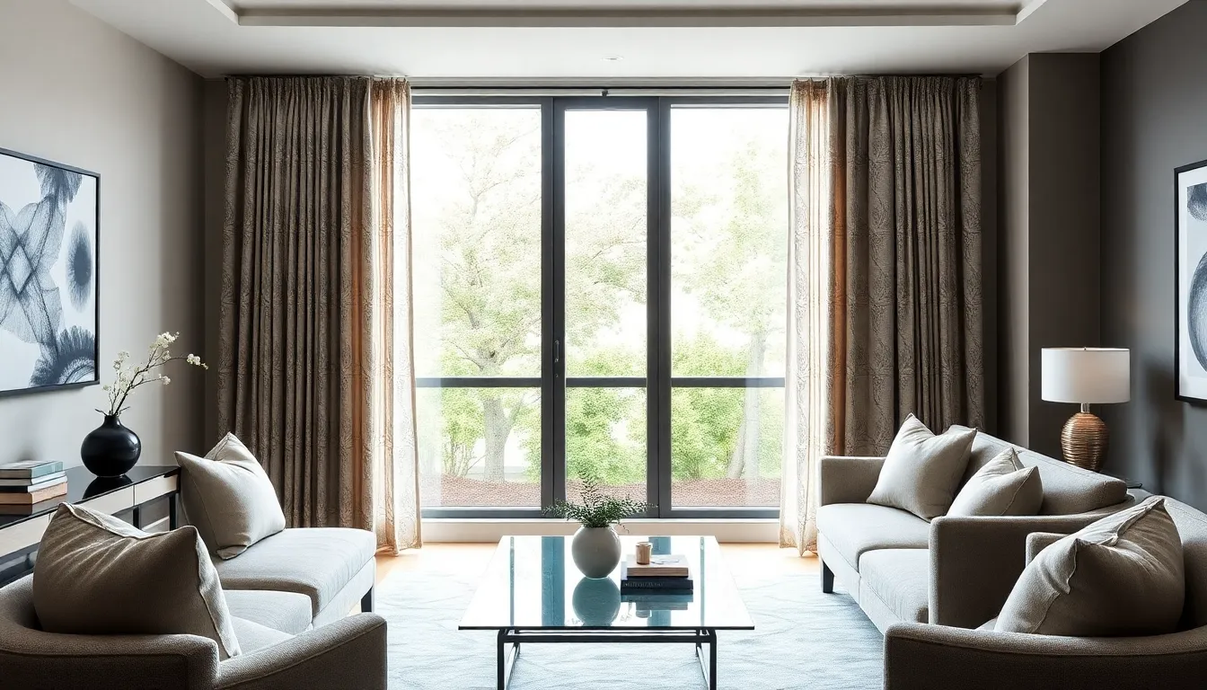 modern living room with elegant Dusk By Design curtains.