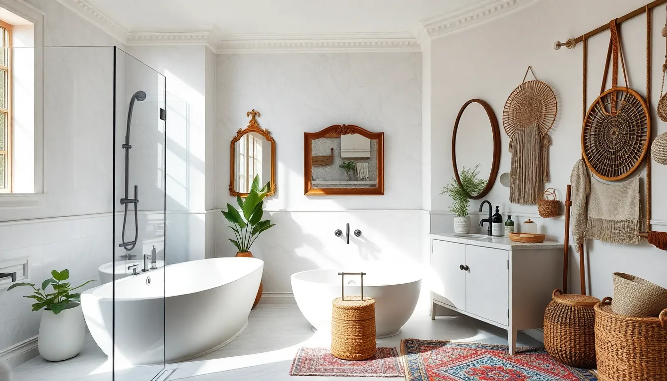 three distinct bathroom decor styles: minimalist, classic, and bohemian.