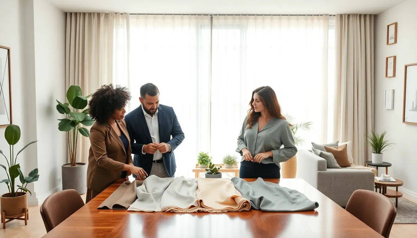 group discussing various curtain fabrics in a modern living room.