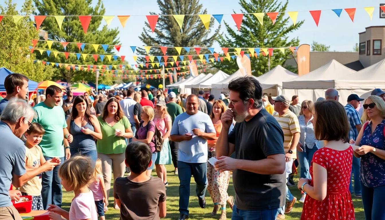 community celebration in a park with families and food stalls.