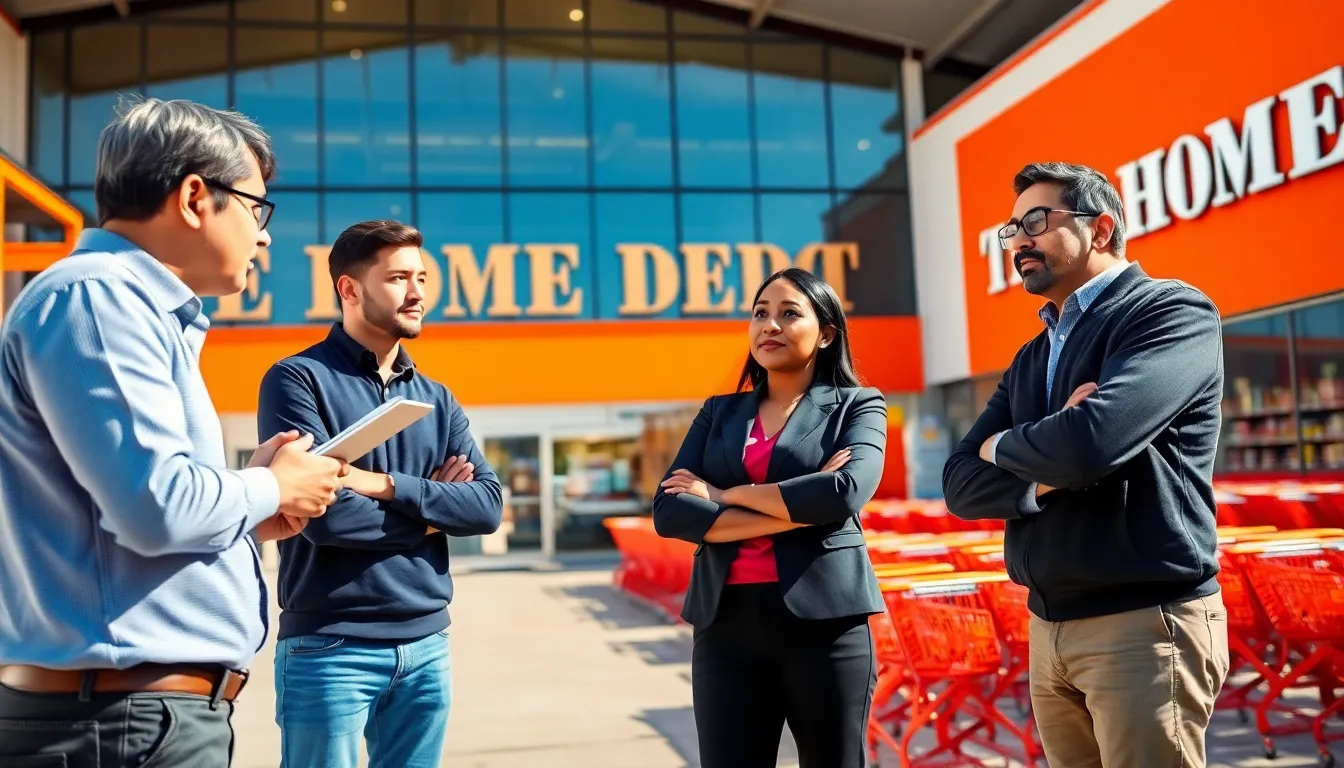 professionals discussing theft prevention strategies outside a Home Depot store.